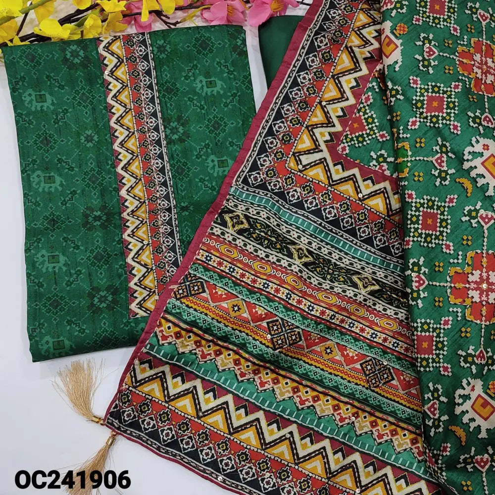 CODE OC241906: Dark green sobar patola digital printed silk cotton unstitched salwar material thread& sequins work