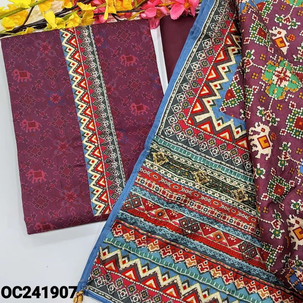 CODE OC241907: Dark beetroot purple sobar patola digital printed silk cotton unstitched salwar material thread& sequins