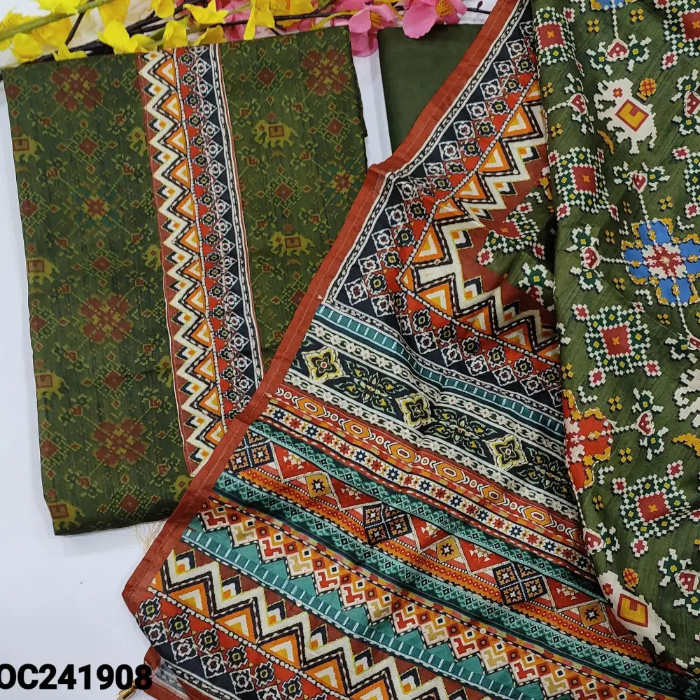 CODE OC241908: Dark olive green sobar patola digital printed silk cotton unstitched salwar material thread& sequins