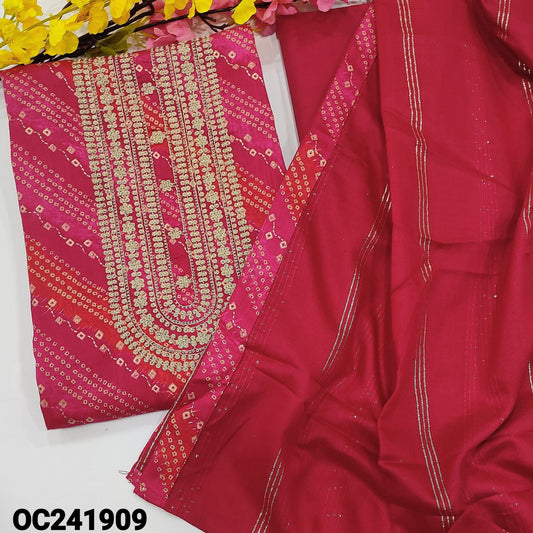 CODE OC241909: Light & dark shaded pink bandhini printed satin cotton unstitched salwar material rich zari work