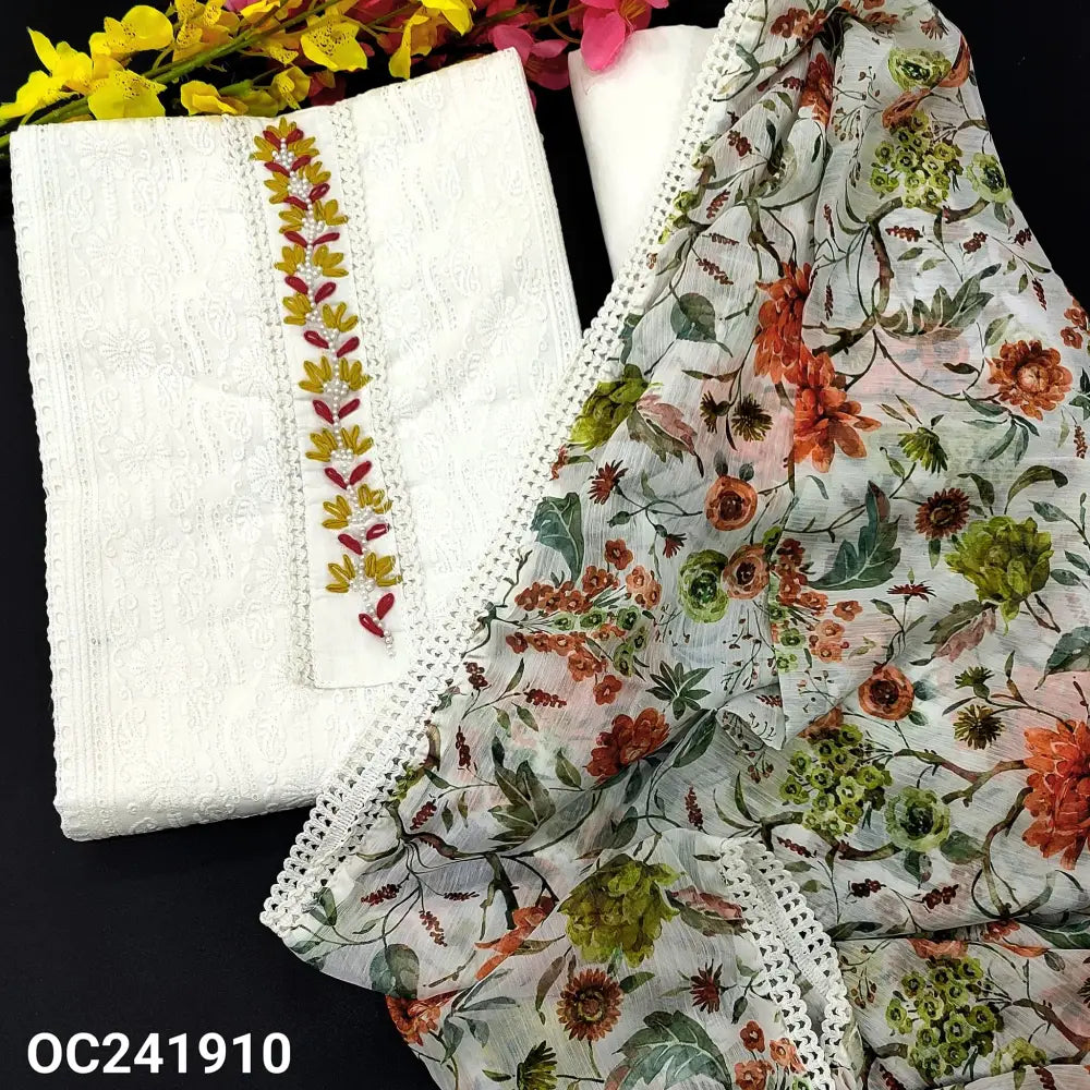 CODE OC241910: White chikankari embroidered cotton unstitched salwar material thread& bead work on yoke pannel pattern