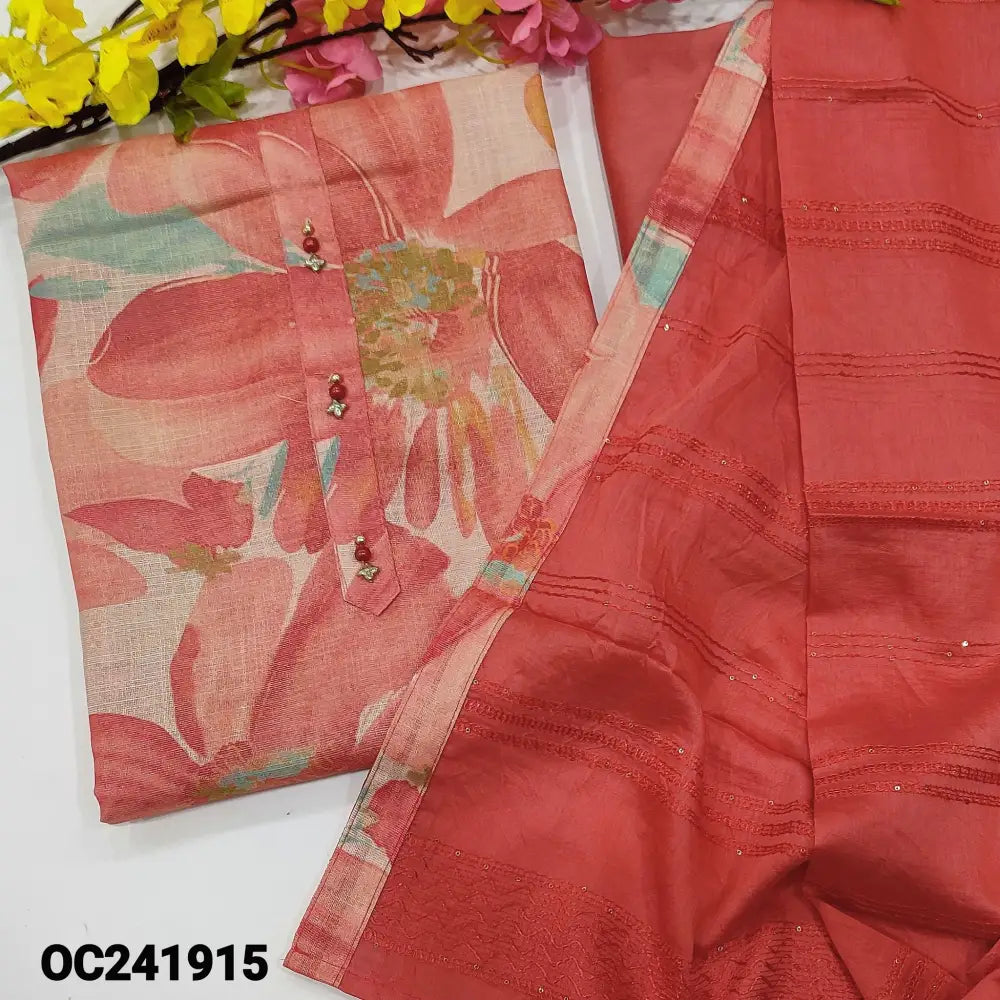 CODE OC241915: Beige base tissue silk cotton unstitched salwar material fancy buttons on yoke(thin fabric lining