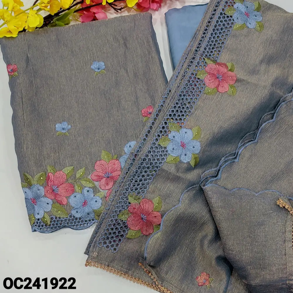 CODE OC241922: Blue with golden tint designer crinkled tissue silk cotton unstitched salwar material embroidered