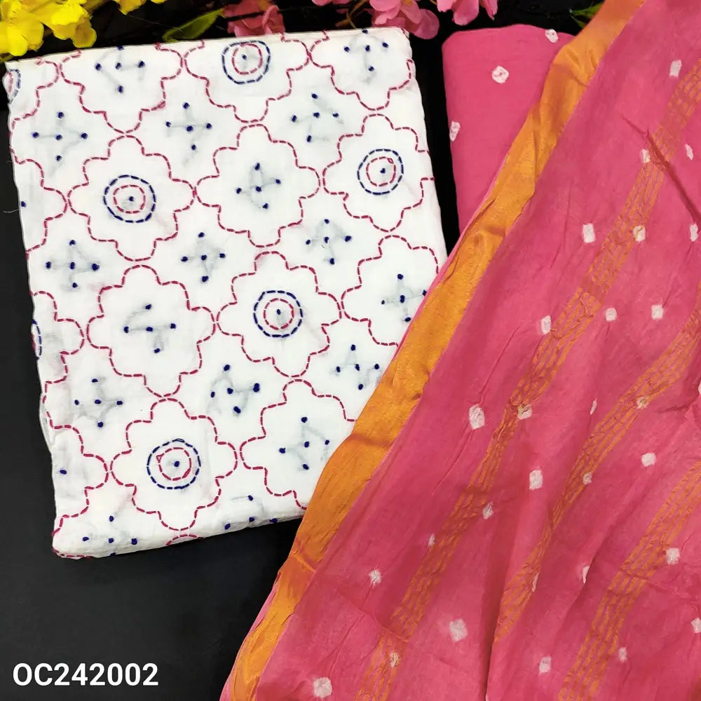 CODE OC242002: White pure cotton unstitched salwar material heavy thread work on front(thin fabric lining needed)pink