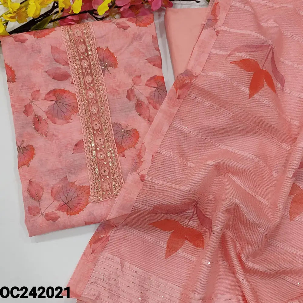 CODE OC242021: Pink leafy printed semi linen unstitched salwar material thread &sequins work on yoke(lining