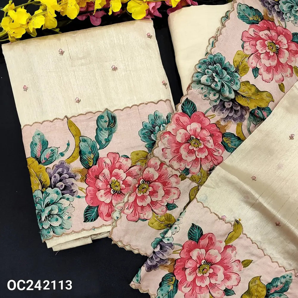 CODE OC242113: Rich beige semi tussar unstitched salwar material floral printed yoke embroidered on front(thin fabric