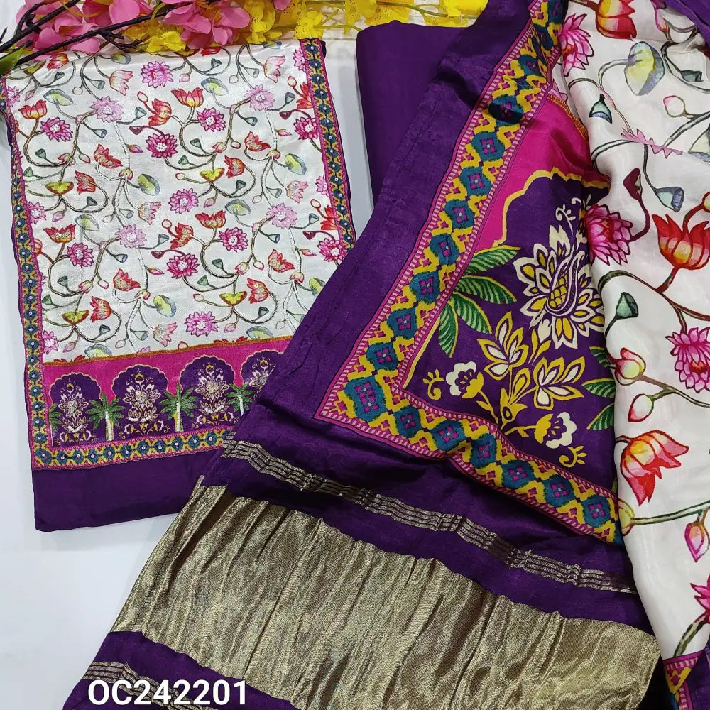 CODE OC242201: Dark purple dola silk unstitched salwar material floral printed gajji silk yoke patch with bead