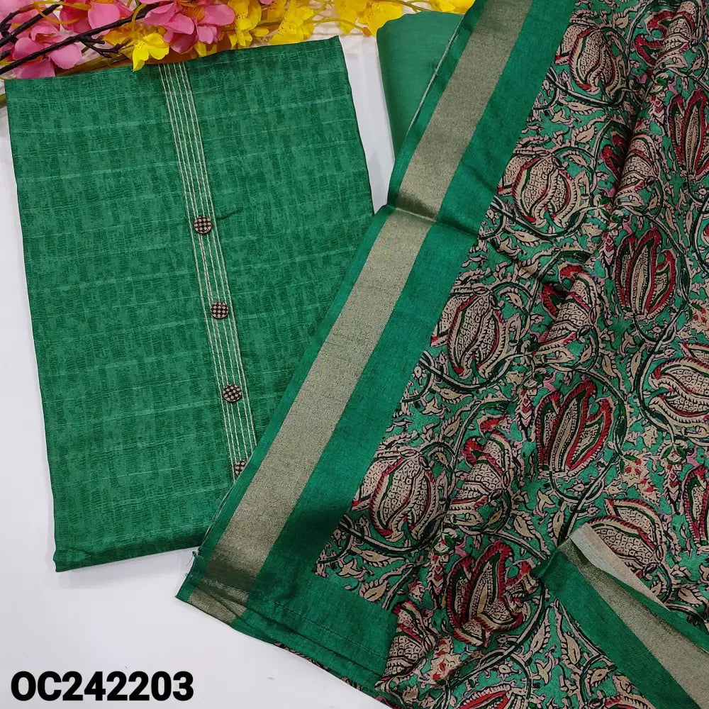 CODE OC242203: Turquoise green semi tussar unstitched salwar material fancy buttons& kantha stitch work on yoke self