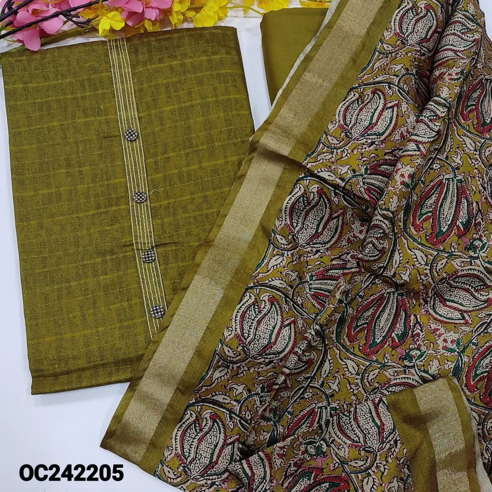 CODE OC242205: Bright mehandhi green semi tussar unstitched salwar material fancy buttons& kantha stitch work on yoke