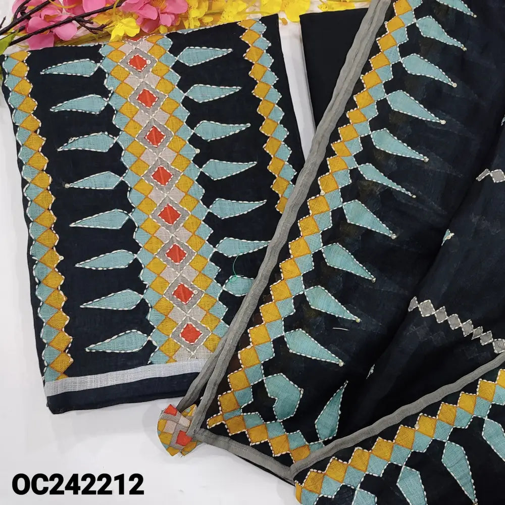 CODE OC242212: Black base digital printed premium linen unstitched salwar material kantha stitch work on front(thin