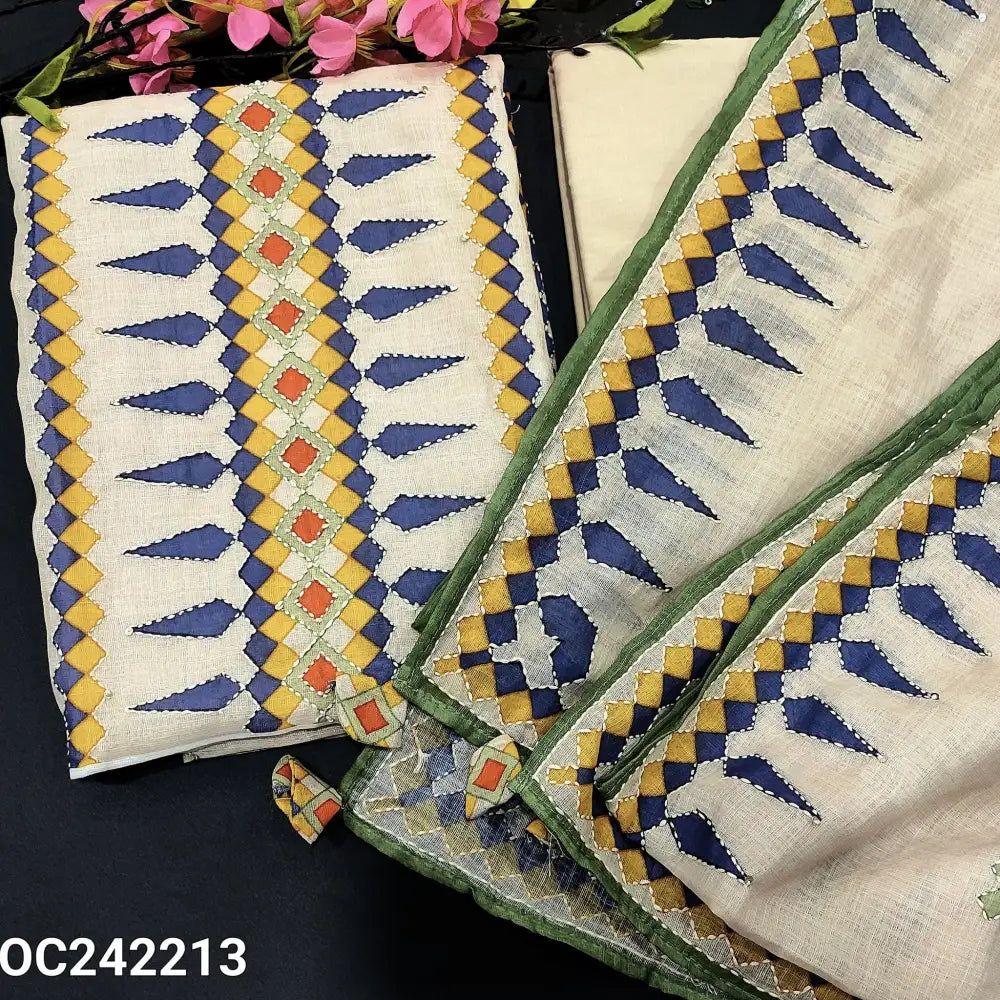 CODE OC242213: Beige base digital printed premium linen unstitched salwar material kantha stitch work on front(thin