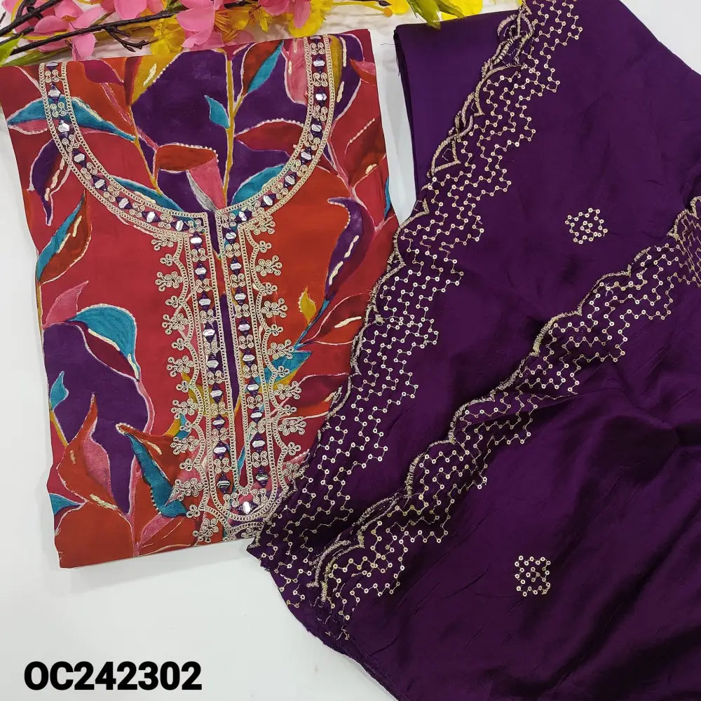 CODE OC242302: Multi color premium modal maslin silk unstitched salwar material foil zari& sequins work on yoke(lining
