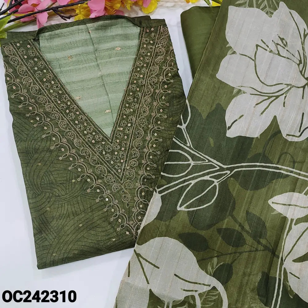 CODE OC242310: Olive green designer digital printed premium tussar silk unstitched salwar material v neck with zari&