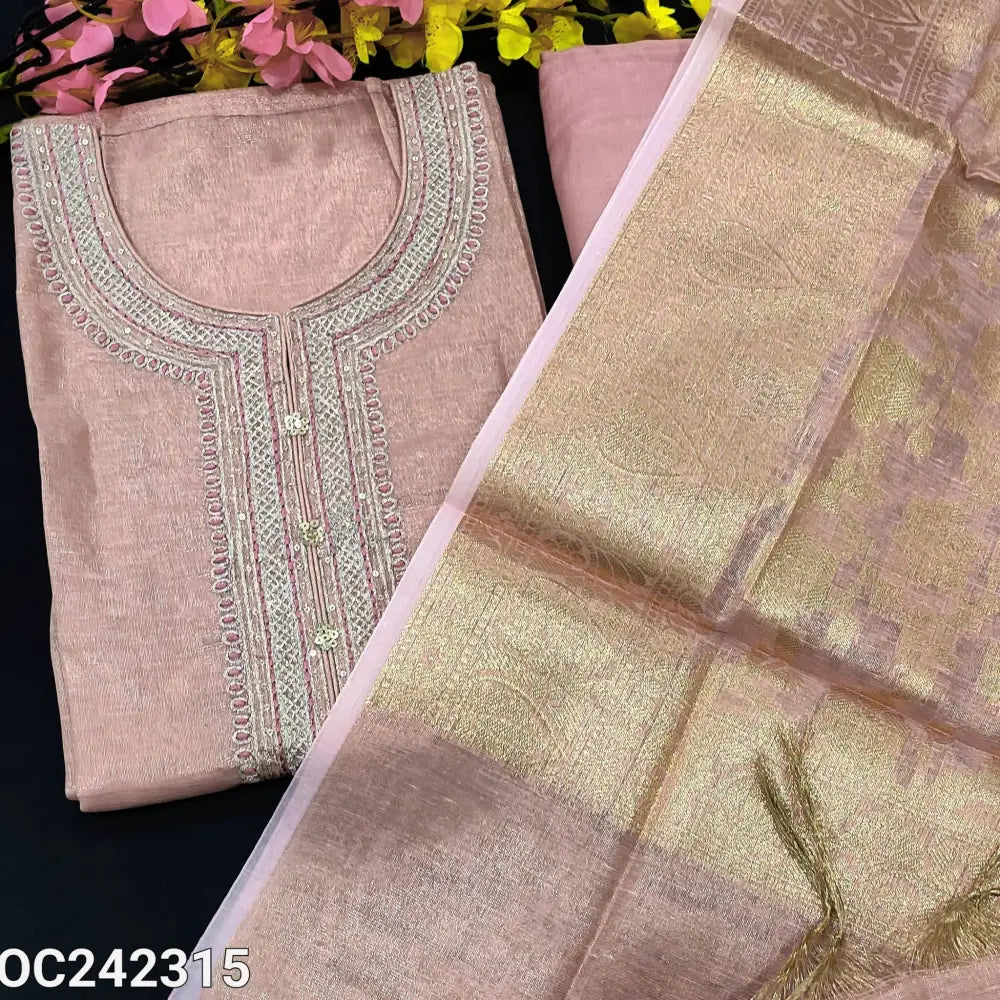 CODE OC242315: Pastel pink with golden tint soft tissue silk cotton unstitched salwar material zari& sequins work