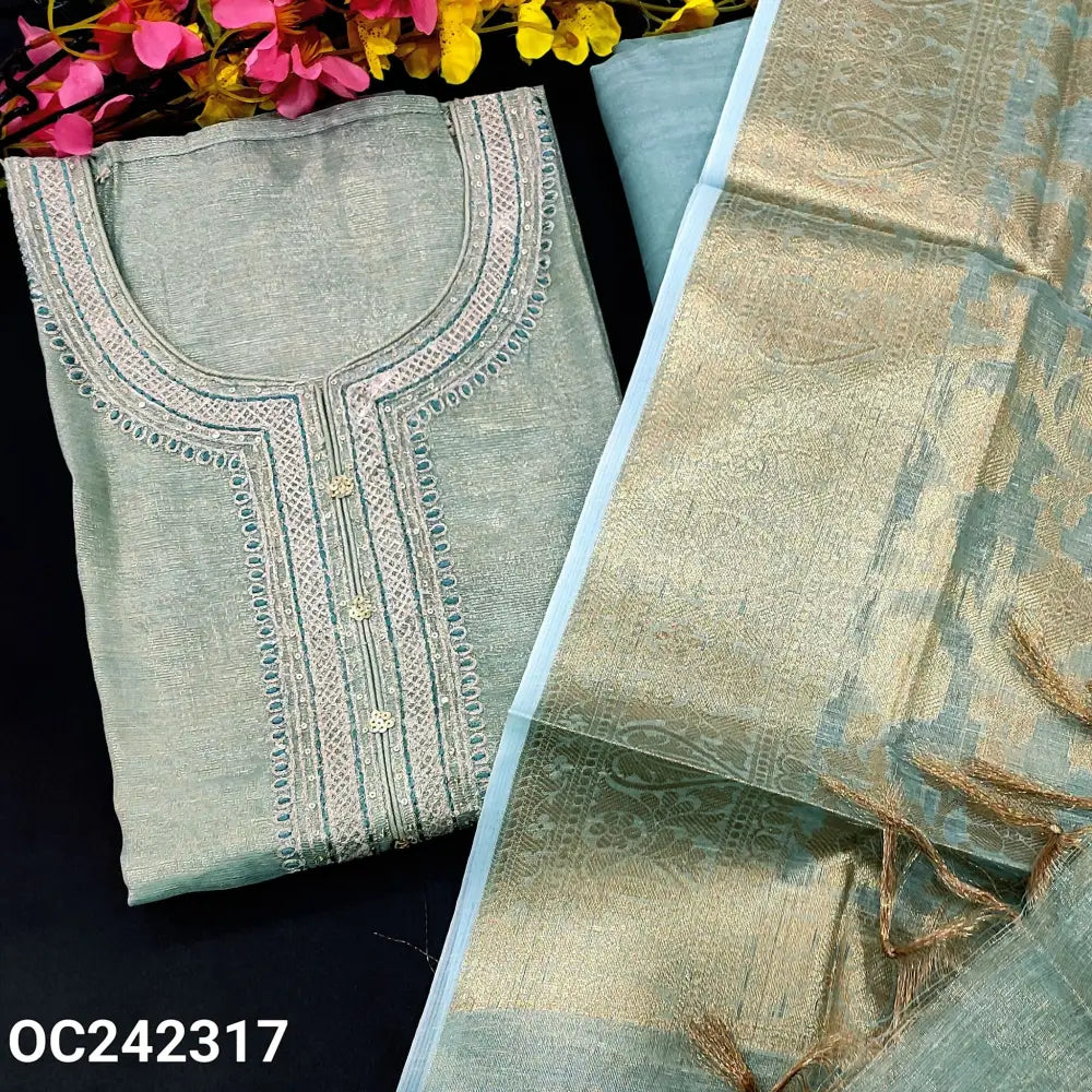 CODE OC242317: Pastel blue with golden tint soft tissue silk cotton unstitched salwar material zari& sequins work
