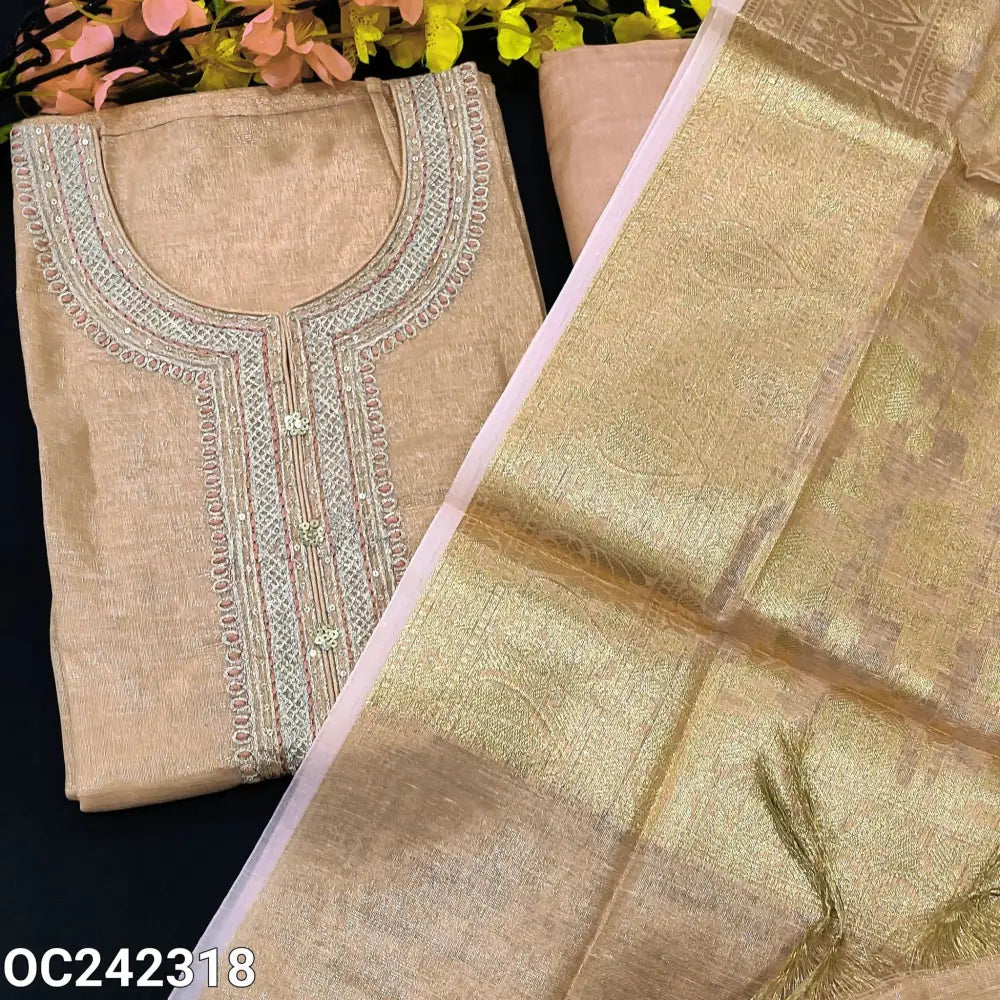 CODE OC242318: Pastel peach with golden tint soft tissue silk cotton unstitched salwar material zari& sequins work