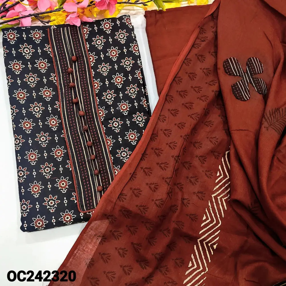 CODE OC242320: Black ajrak block printed pure cotton unstitched salwar material potli buttons on yoke(lining