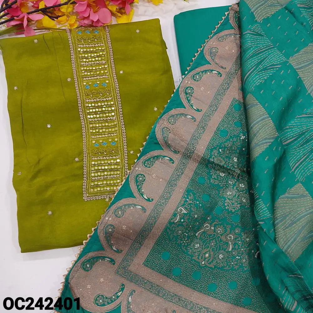 CODE OC242401: Mossy green uppada silk unstitched salwar material zardozi faux mirror& sequins work on yoke sequins
