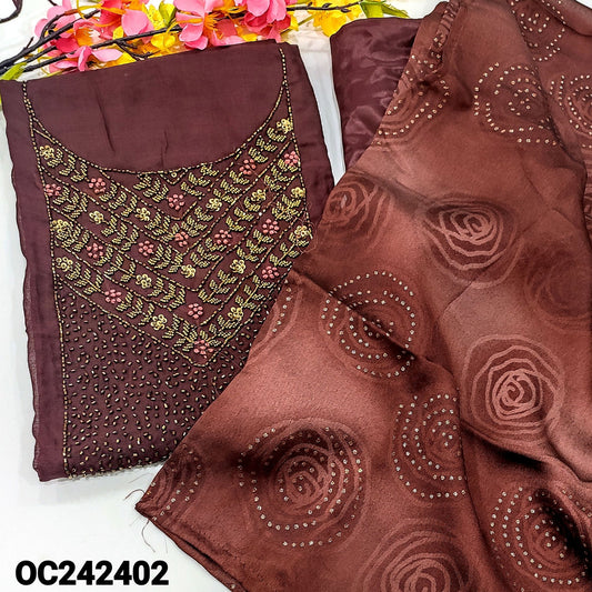 CODE OC242402: Dark maroon fancy silk cotton unstitched salwar material heavy bead work on yoke(thin fabric lining