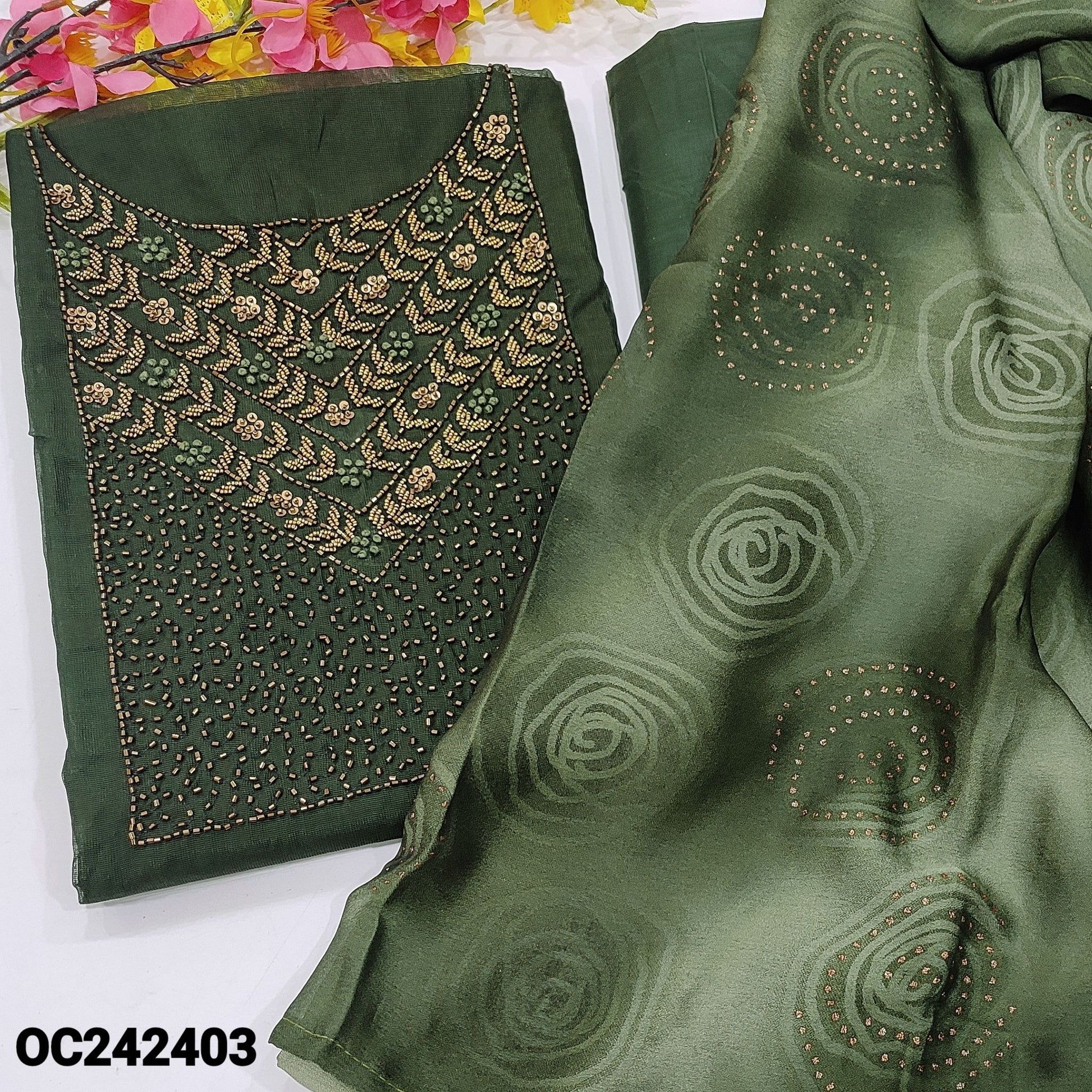 CODE OC242403: Dark green fancy silk cotton unstitched salwar material heavy bead work on yoke(thin fabric lining