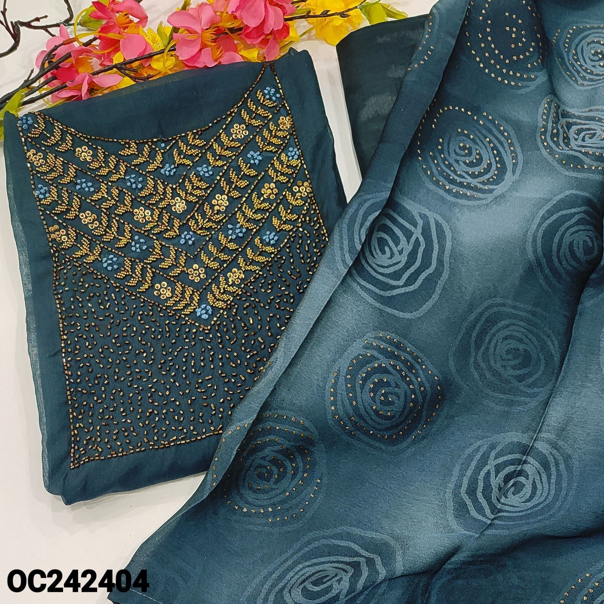 CODE OC242404: Dark blue fancy silk cotton unstitched salwar material heavy bead work on yoke(thin fabric lining