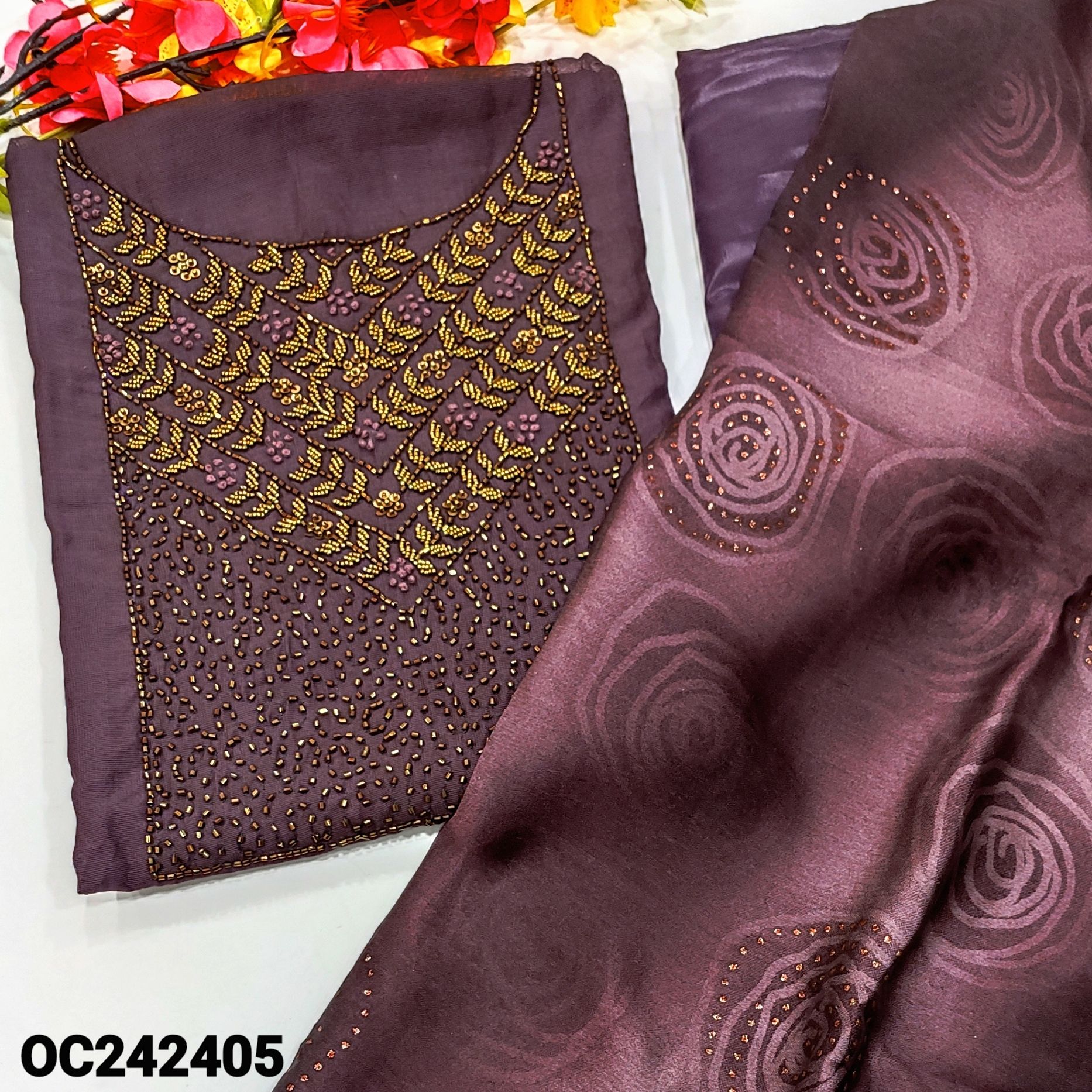 CODE OC242405: Dark purple fancy silk cotton unstitched salwar material heavy bead work on yoke(thin fabric lining