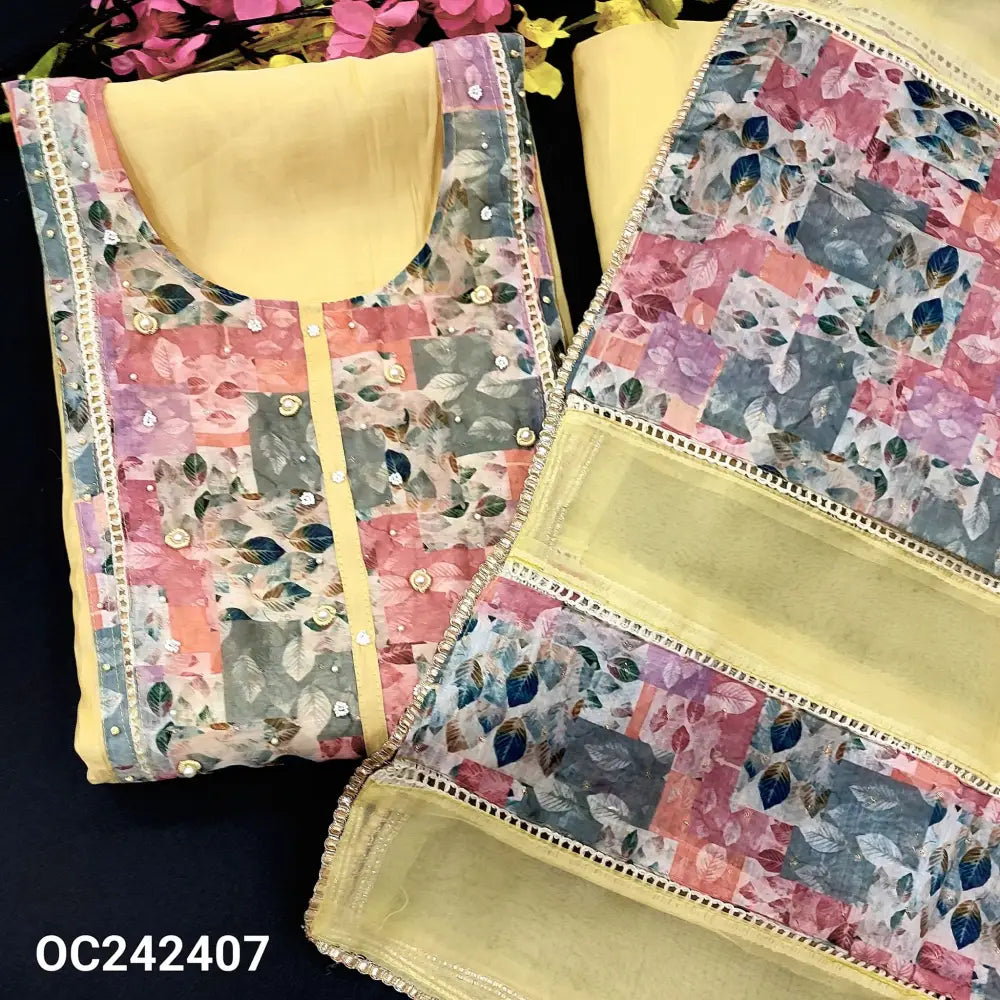 CODE OC242407: Pastel yellow premium soft silk cotton unstitched salwar material abstract printed yoke bead work