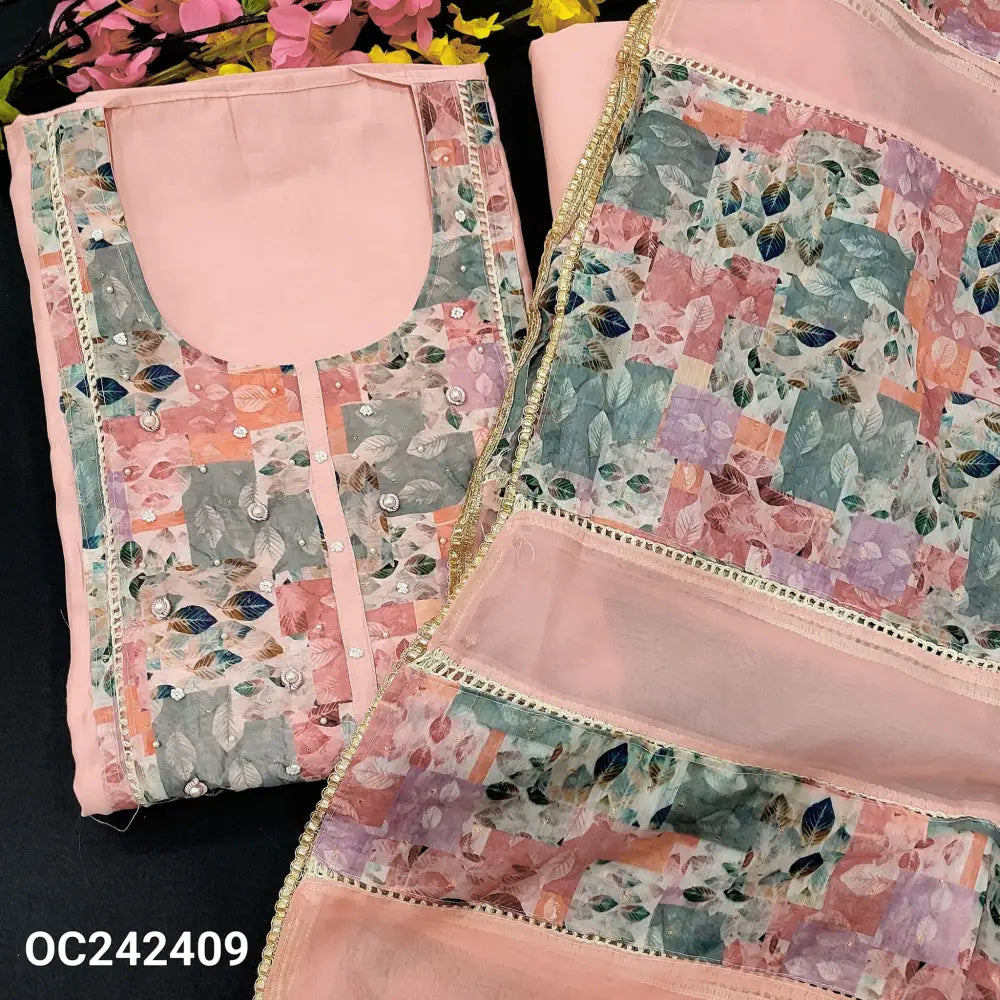CODE OC242409: Pastel pink premium soft silk cotton unstitched salwar material abstract printed yoke bead work on yoke&