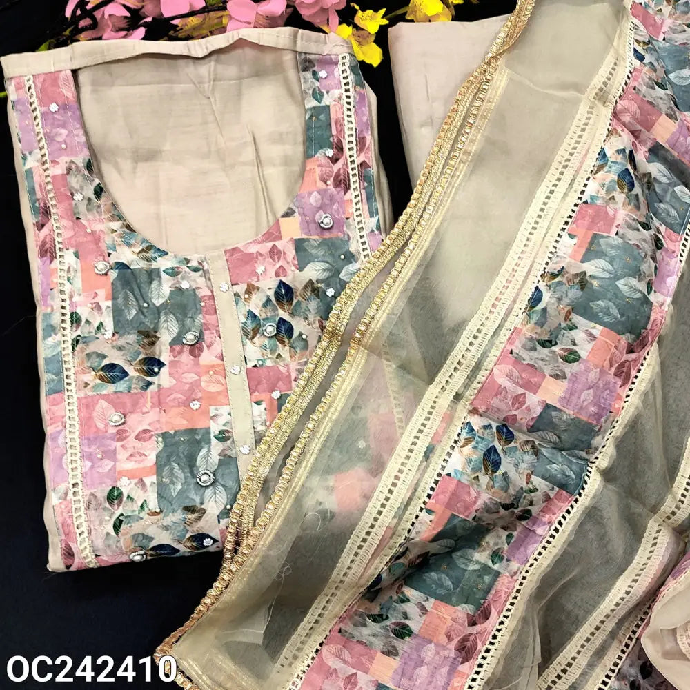 CODE OC242410: Grey premium soft silk cotton unstitched salwar material abstract printed yoke bead work on yoke&