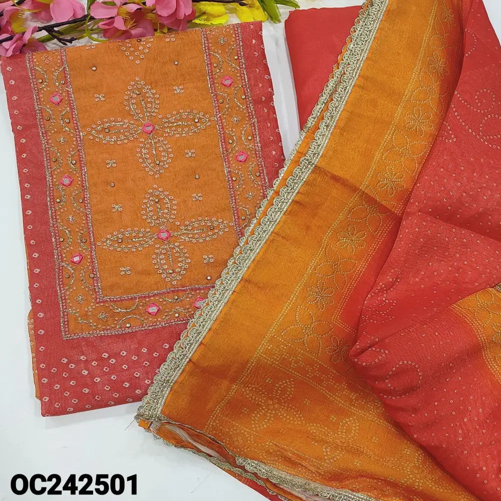 CODE OC242501: Pink& light orange bandhini printed crinkled tissue silk cotton unstitched salwar material zari zardozi