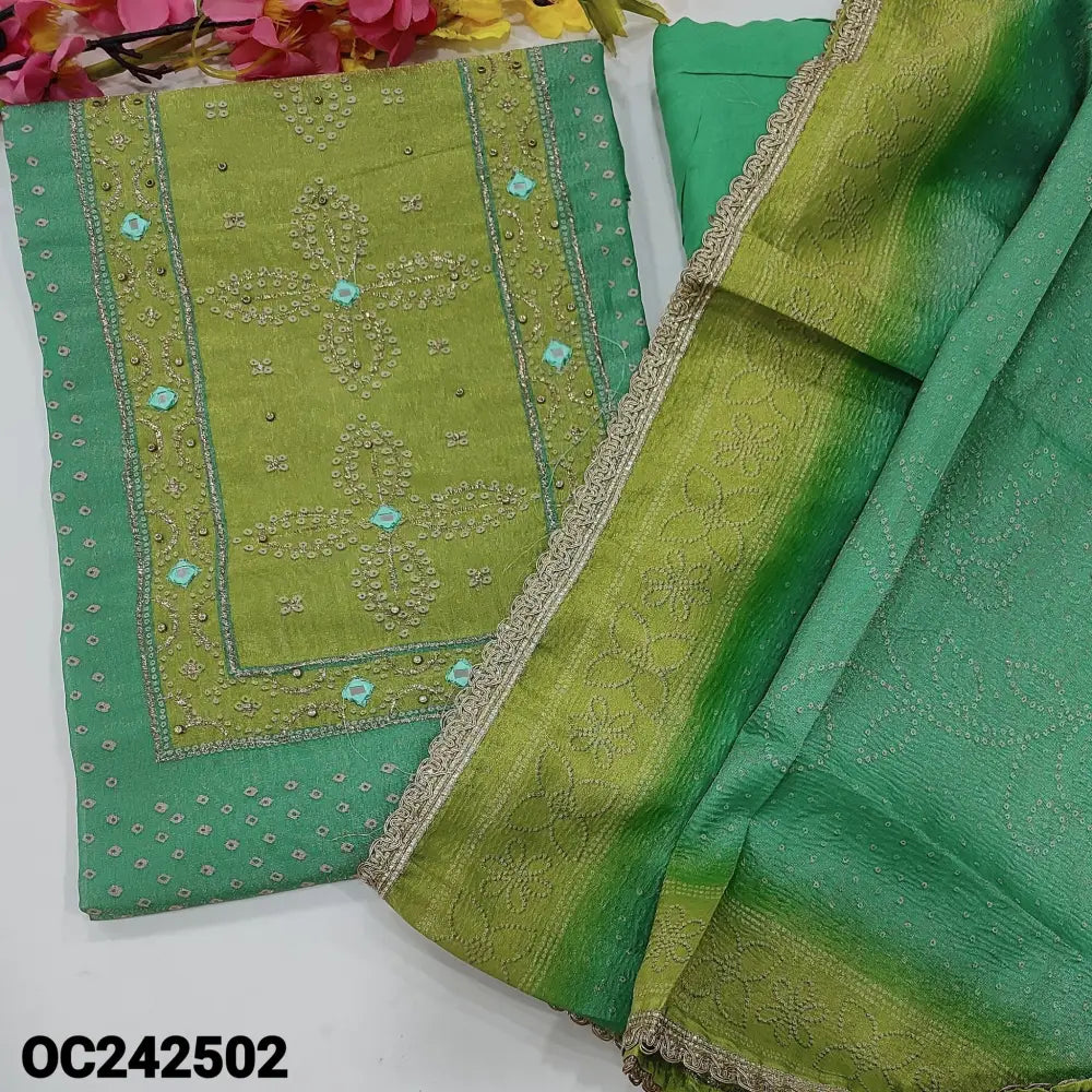 CODE OC242502: Turquoise green&light green bandhini printed crinkled tissue silk cotton unstitched salwar material