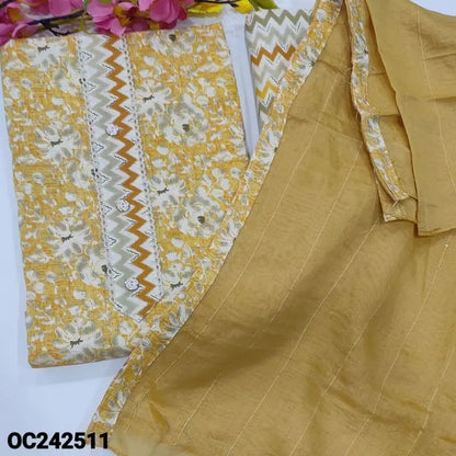 Yellow floral printed liquid fabric unstitched salwar material fancy buttons on yoke(lining