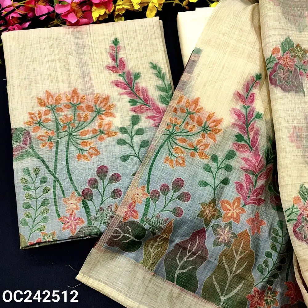 CODE OC242512: Beige silk cotton unstitched salwar material thread & zari woven on front(thin fabric lining needed)rich