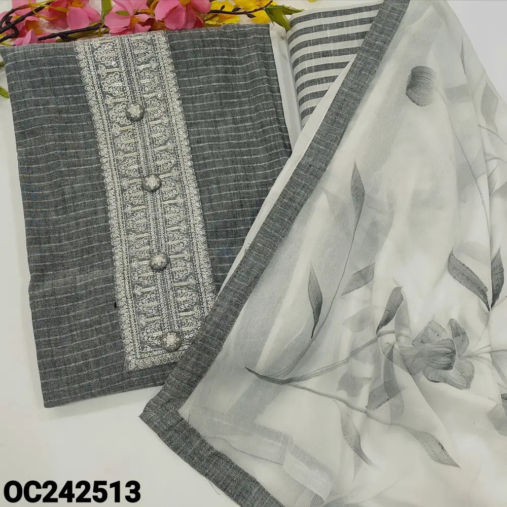 CODE OC242513: Grey spun cotton unstitched salwar material sequins& fancy buttons on yoke self weaving all over(thin