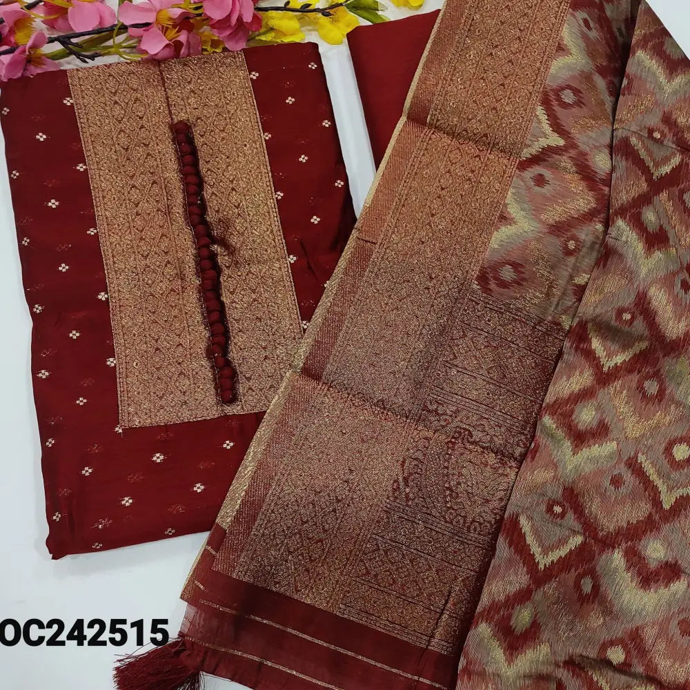 CODE OC242515: Dark maroon fancy silk cotton unstitched salwar material golden brocade yoke patch& fancy buttons
