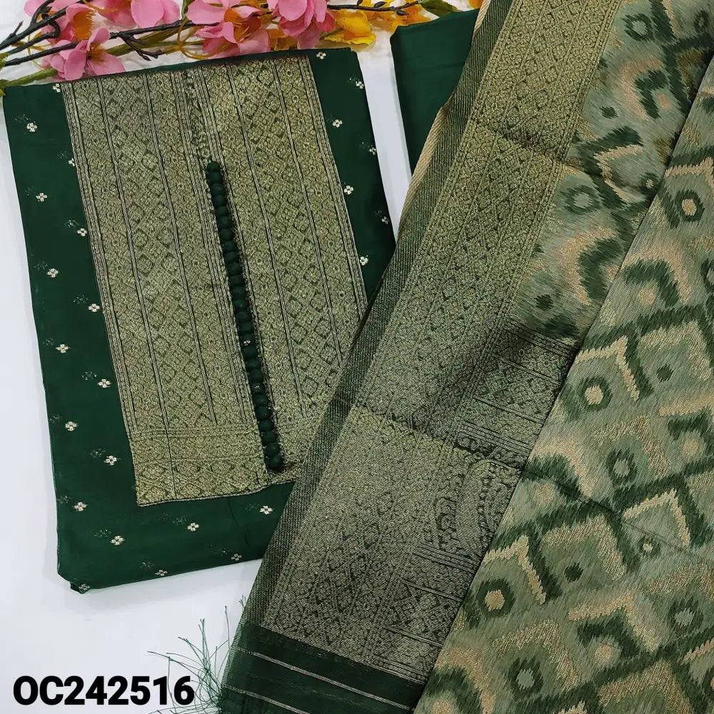 CODE OC242516: Bottle green fancy silk cotton unstitched salwar material golden brocade yoke patch& fancy buttons