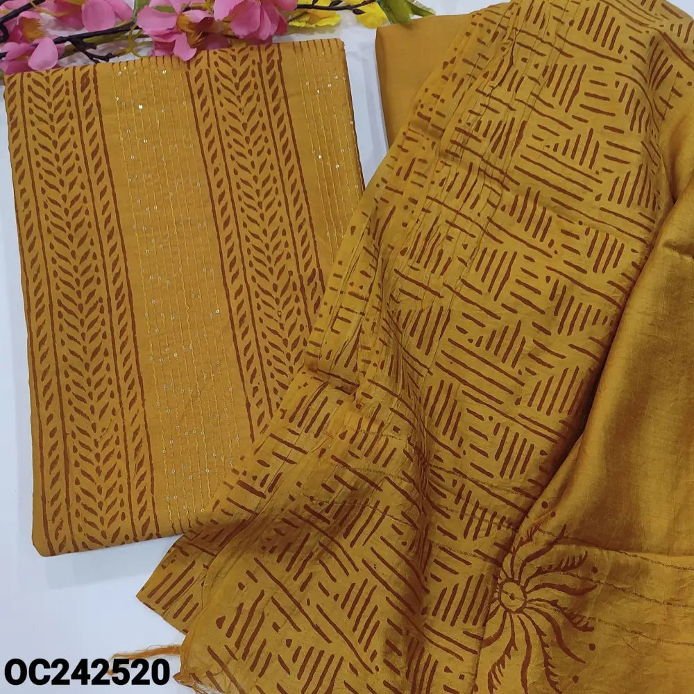 CODE OC242520: Mehandhi yellow block printed fancy silk cotton unstitched salwar material sequins work on front(thin