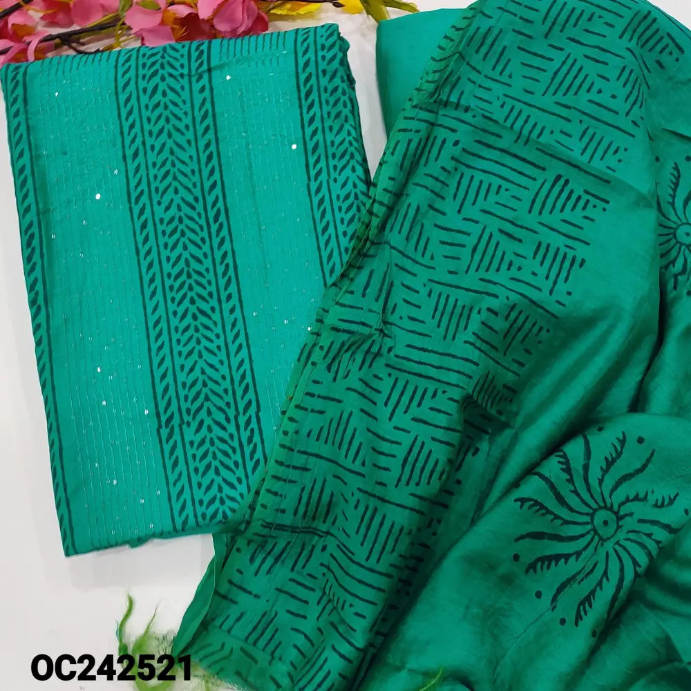 CODE OC242521: Bright turquoise blue block printed fancy silk cotton unstitched salwar material sequins work