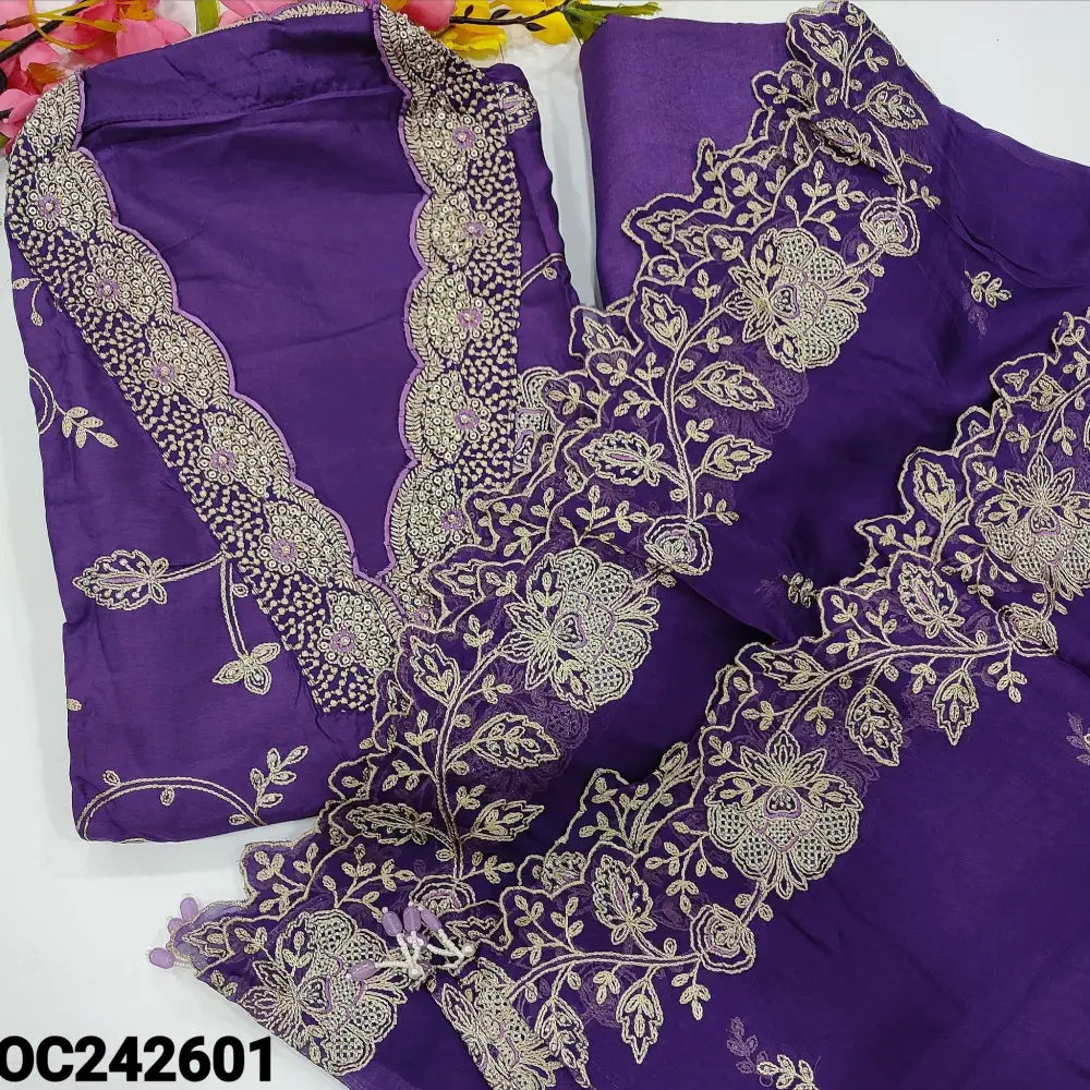 CODE OC242601: Violet designer pure dola silk unstitched salwar material collared v neck with rich work heavy