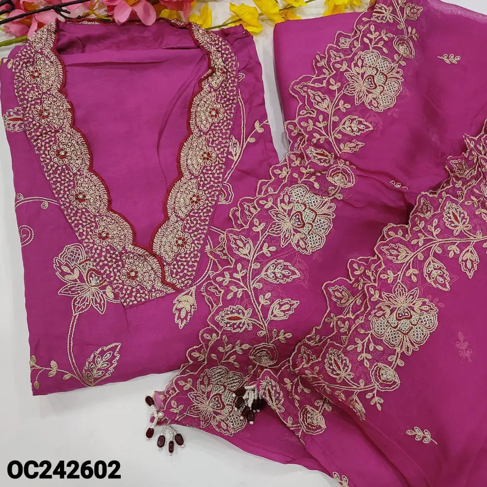 CODE OC242602: Rani pink designer pure dola silk unstitched salwar material collared v neck with rich work heavy