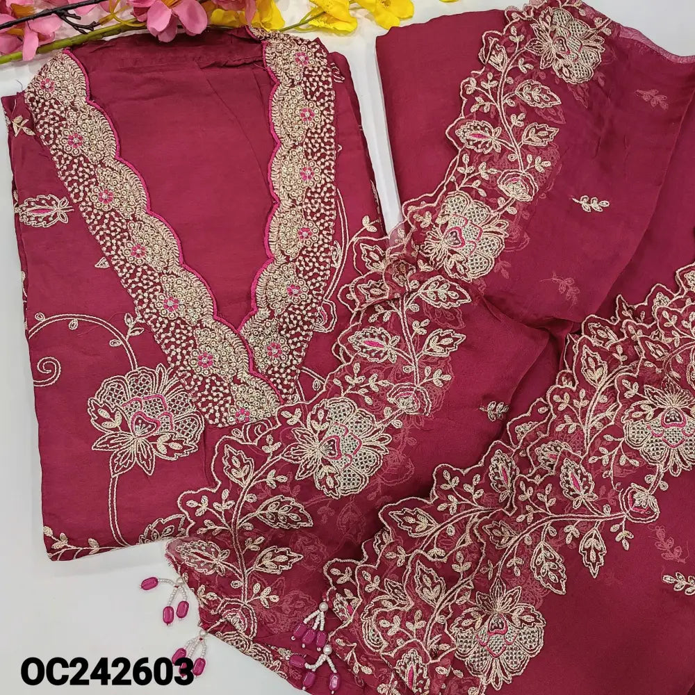CODE OC242603: Dark pink designer pure dola silk unstitched salwar material collared v neck with rich work heavy