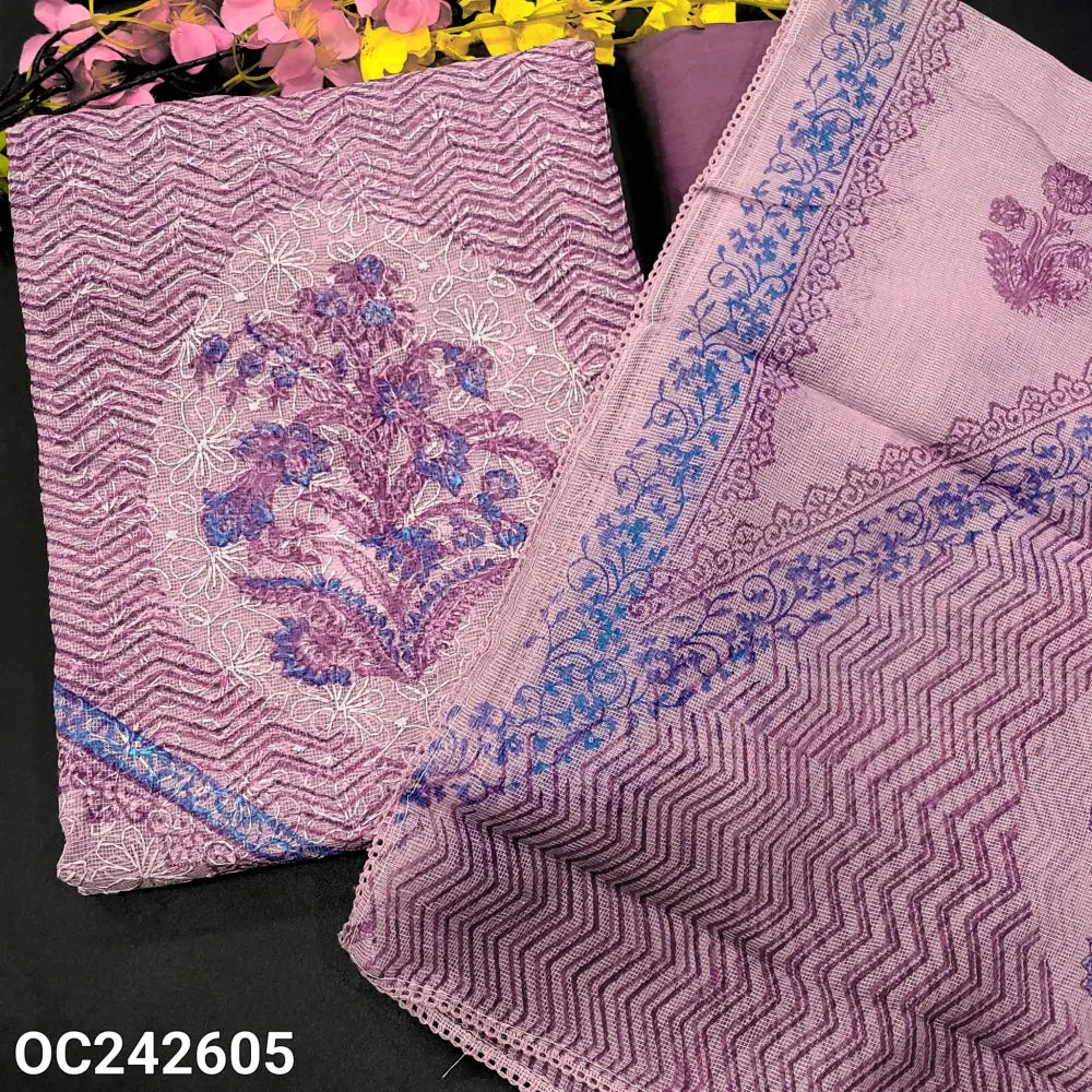 CODE OC242605: Mauve block printed super net unstitched salwar material embroidered all over(netted fabric lining