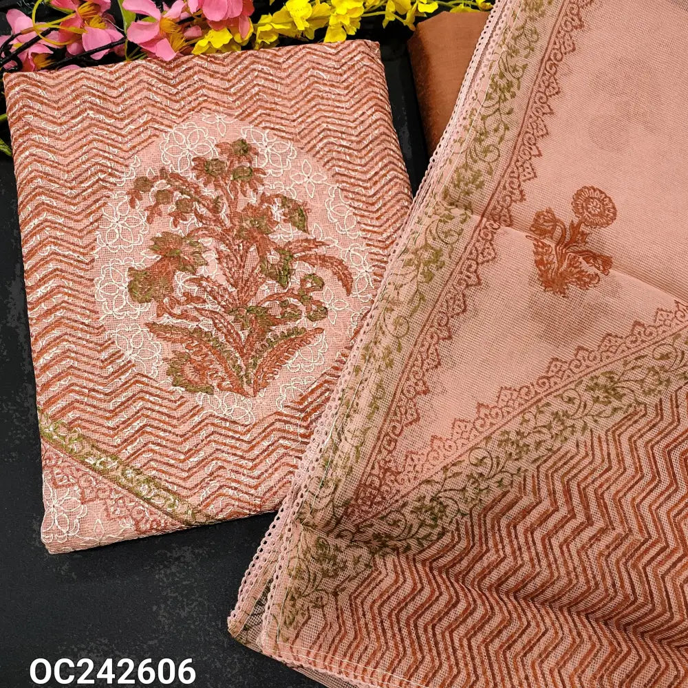 CODE OC242606: Pastel peach block printed super net unstitched salwar material embroidered all over(netted fabric