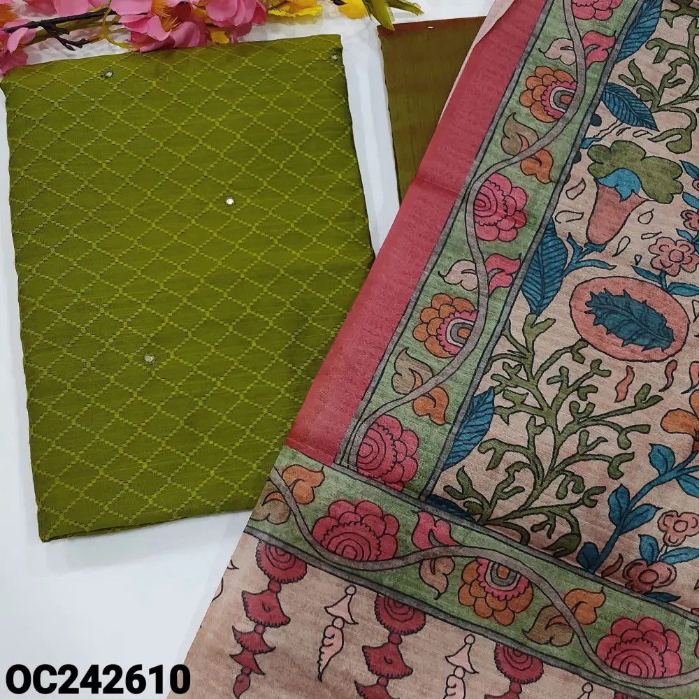 CODE OC242610: Bright mossy green jakard silk cotton unstitched salwar material self embroidered all over faux mirror