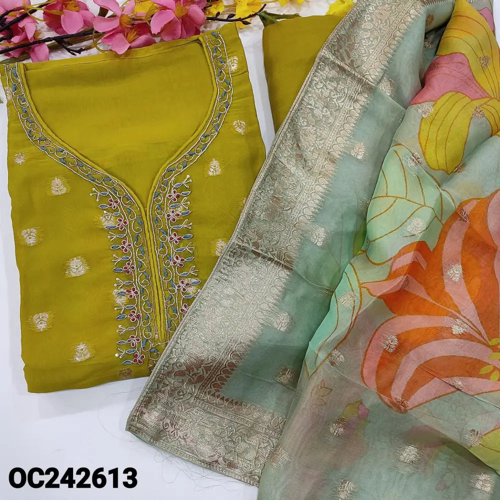 CODE OC242613: Mehandhi green designer pure organza silk unstitched salwar material thread& zardozi work on yoke zari