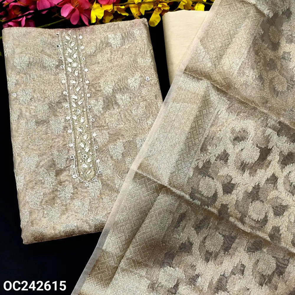 CODE OC242615: Light beige tissue silk cotton unstitched salwar material bead& faux mirror work on yoke silver zari