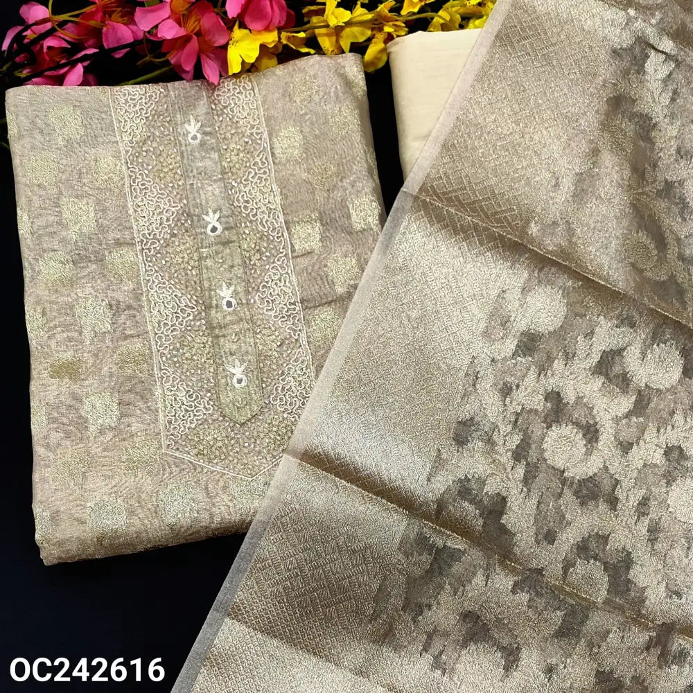 CODE OC242616: Light beige tissue silk cotton unstitched salwar material bead& faux mirror work on yoke silver zari