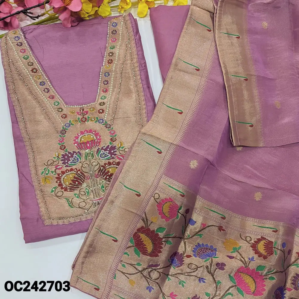 CODE OC242703: Pink designer pure dola silk unstitched salwar material rich paithani design on yoke(shiny fabric lining