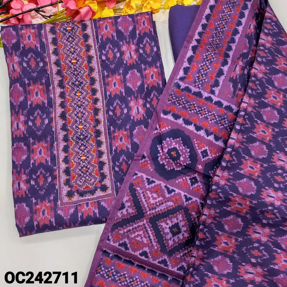 CODE OC242711: Dark purple patola printed semi jute silk unstitched salwar material zari& real mirror work on yoke(thin