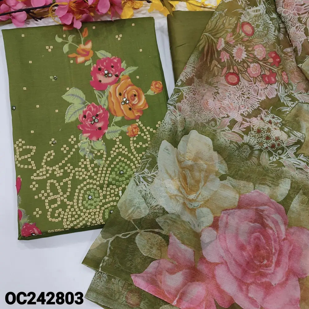 CODE OC242803: Mossy green bandhini printed soft cotton unstitched salwar material foil work all over(lining